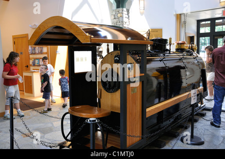 Restored electric locomotive at Visitor Center, Gillette Castle State Park, Haddam, Connecticut, USA Stock Photo