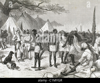 Slave market in Zanzibar. Engraving by Hildebrand (1882). Stock Photo