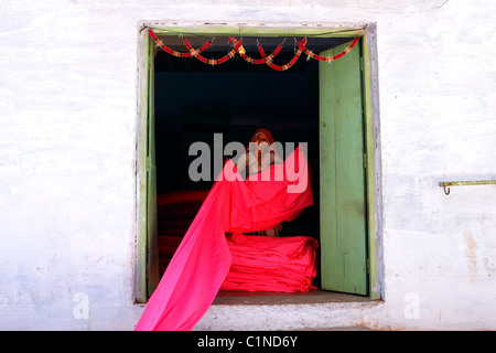 India, Rajasthan State, drying of strips of cotton for sari fabrication Stock Photo