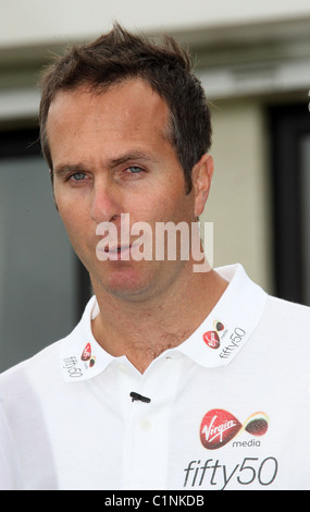 Michael Vaughan launches virgin media's 'Fifty50' Ashes-themed charity initiative at the St.Fagans Cricket Club in Cardiff Stock Photo