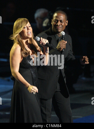 Mariah Carey (L) and Trey Lorenz sing 'Ill Be There'  The memorial service for the King of Pop, Michael Jackson, at the Staples Stock Photo