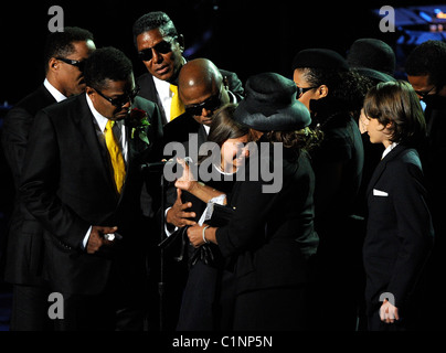 Paris Jackson is comforted by the Jackson family The memorial service for the King of Pop, Michael Jackson, at the Staples Stock Photo