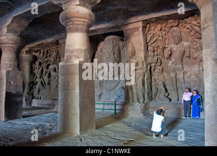 Elephanta Caves, rock-cut Hindu temples on Elephanta Island across harbour from Mumbai. Stock Photo