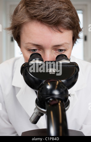 Scientist looking through microscope Stock Photo
