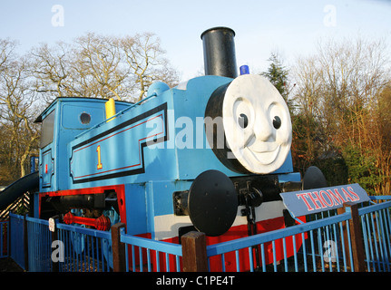 Thomas the Tank engine. This model of Thomas, the well-known children's character is at Paradise Wildlife Park, Hertfordshire. Stock Photo