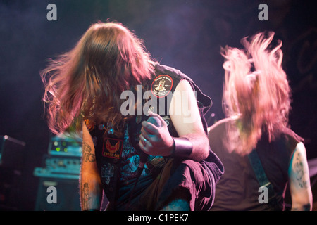 Members of the 3 Inches of Blood Band perform on the concert in Budapest, Hungary, 2010. Stock Photo