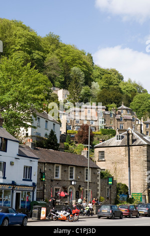 UK, Derbyshire, Matlock Bath, high street with houses built on hill above Stock Photo