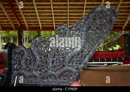 Waka Prow (Maori war canoe), Waitangi, Bay of Islands, Northland, North Island, New Zealand Stock Photo