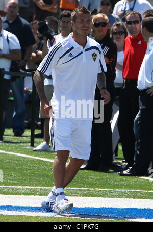 David Beckham joins former Real Madrid teammate Zinedine Zidane to celebrate the opening of the start of the American league's Stock Photo