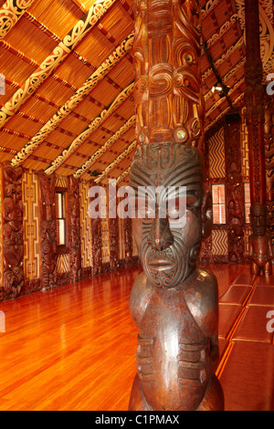 Interior of Te Whare Runanga, Maori Meeting House, Waitangi, Bay of Islands, Northland, North Island, New Zealand Stock Photo