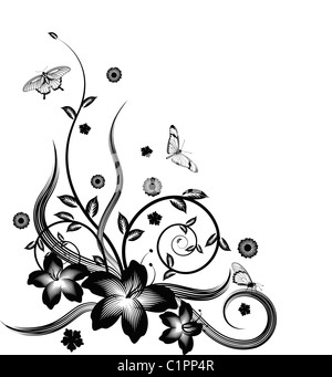 A gorgeous single colour silhouette corner flower design with butterflies. Stock Photo