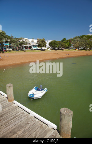 Wharf and inflatable rubber boat, Russell waterfront, Bay of Islands, Northland, North Island, New Zealand Stock Photo