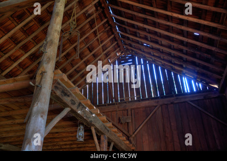 Inside of old pole barn at Historic Stewart Farm at Elgin Heritage Park, near Crescent Beach, Surrey, BC, Canada Stock Photo