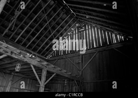 Inside of old pole barn at Historic Stewart Farm at Elgin Heritage Park, near Crescent Beach, Surrey, BC, Canada. Stock Photo