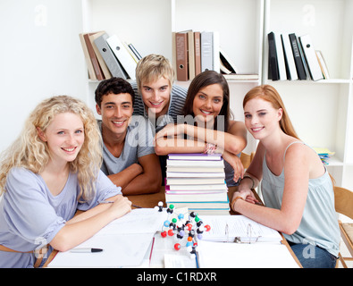 Smiling teenagers studying Science in a library Stock Photo