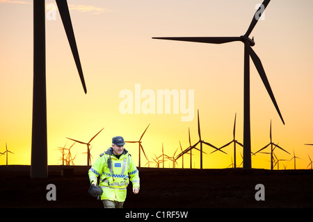 Dawn over Whitlee wind farm on Eaglesham Moor just south of Glasgow in Scotland, UK Stock Photo
