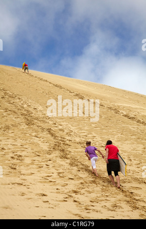 People climbing giant Te Paki Sand Dunes to go dune boarding, Far North, Northland, North Island, New Zealand Stock Photo