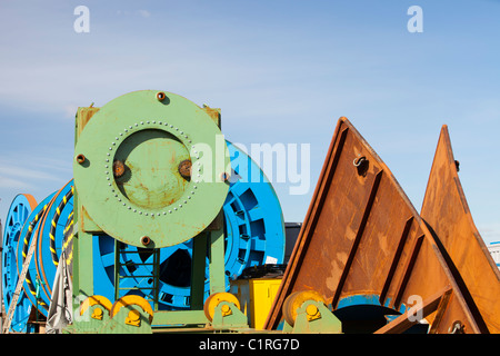 Undersea electric cabling on the dockside in Barrow in Furness, Cumbria, destined for the Walney offshore wind farm. Stock Photo