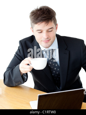 Charismatic businesman drinking coffee using his laptop at the breakfast table Stock Photo