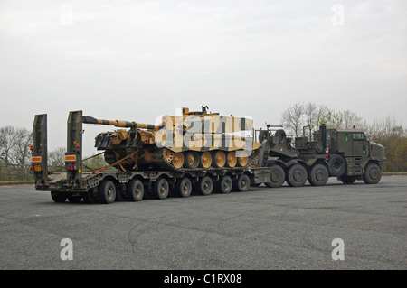 A tank transporter hauling a Challenger 2 main battle tank to Wales for an exercise. Stock Photo