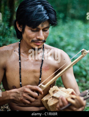 Mbya Guarani residents of aldea Katupyry near San Ignacio, Misiones, Argentina, with traditional hand-made instruments. Stock Photo