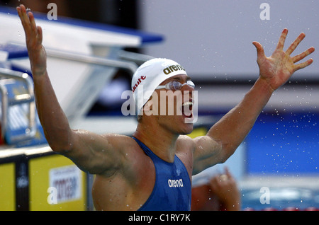 Cesar Cielo Filho of Brazil celebrates  after winning the men's 50m freestyle final at the 13th FINA World Championships in Stock Photo