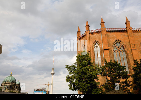 Germany, Berlin, Friedrichswerder Church, Fernsehturm television tower and Berlin Cathedral visible in background Stock Photo