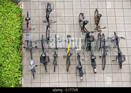 Bicycles parked in bicycle rack, overhead view Stock Photo