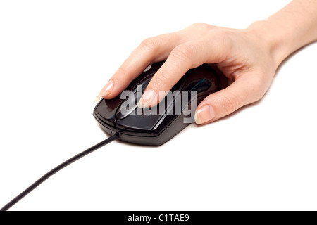 Feminine hand keeps computer mouse on white background Stock Photo
