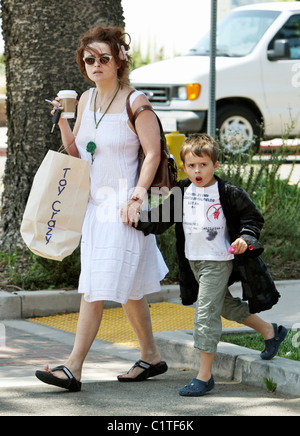 Helena Bonham Carter leaving 'Toy Crazy' with her son Billy Ray Burton carrying a large shopping bag and a coffee in Malibu. Stock Photo