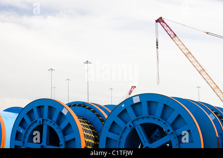 Undersea electric cabling on the dockside in Barrow in Furness, Cumbria for the Walney offshore wind farm. Stock Photo