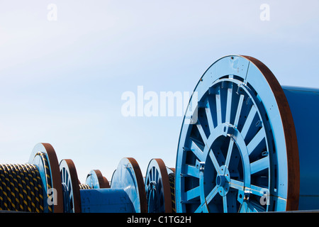 Undersea electric cabling on the dockside in Barrow in Furness, Cumbria for the Walney offshore wind farm. Stock Photo