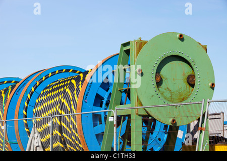 Undersea electric cabling on the dockside in Barrow in Furness, Cumbria for the Walney offshore wind farm. Stock Photo