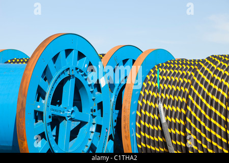 Undersea electric cabling on the dockside in Barrow in Furness, Cumbria for the Walney offshore wind farm. Stock Photo