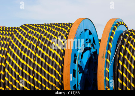 Undersea electric cabling on the dockside in Barrow in Furness, Cumbria for the Walney offshore wind farm. Stock Photo