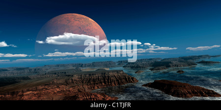 A moon rises over a young world. Concept inspired by the ancient continent Gondwanaland. Stock Photo