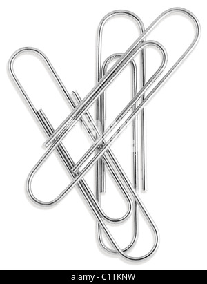 a small group of silver paperclips isolated on a white background from overhead