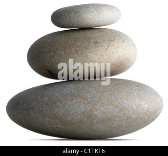 three balanced pebbles on a white background now with clipping path Stock Photo