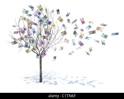 tree with leaves falling notes 3d illustration Stock Photo