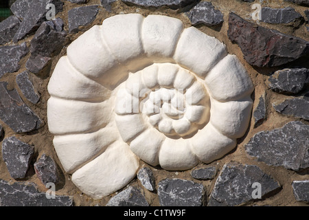 Stones set in shell shape in stone wall Stock Photo