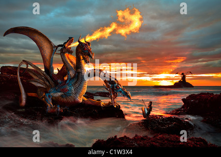 A dragon monster fights against a knight, under the light of a sunset at the sea. Stock Photo