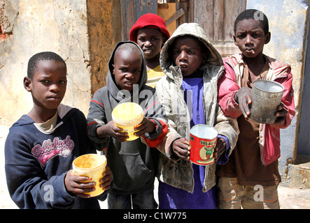 Young Talibé (students from a koranic school) beg on the streets of Saint Louis, Senegal Stock Photo