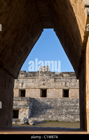 The Nunnery Quadrangle framed by a corbel arch in the Puuc style Maya ruins of Uxmal in the Yucatan Peninsula, Mexico. Stock Photo