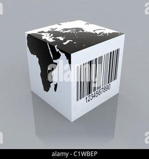 cube with world map and barcode 3d illustration Stock Photo
