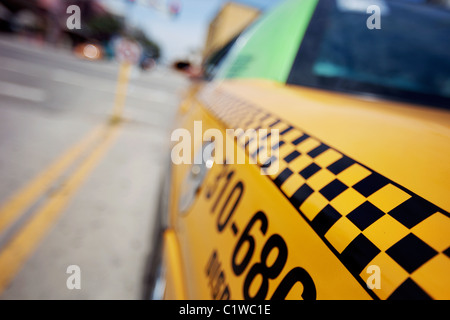 Close-up of a checkered taxi cab shot from the rear in Santa Monica, CA Stock Photo