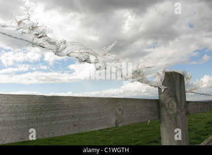 Polythene wrapped around barbed wire fence Stock Photo