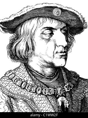 Digital improved image of Maximilian I of Habsburg, German Emperor of the Holy Roman Empire, 1459 - 1519, historical illustratio Stock Photo