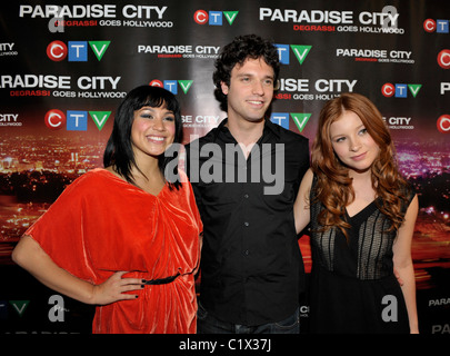 Cassie Steele (L), Jake Epstein, and Stacey Farber (R)  arriving at the Toronto Premiere of 'Degrassi Goes Hollywood' at the Stock Photo