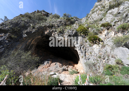 cave at site of Macro Schematic) rock art, Pla de Petracos, Castell de Castells, Marina Alta, Alicante Prov. Valencia, Spain Stock Photo