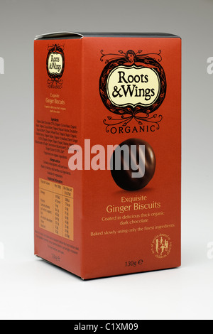 130 box of Roots & Wings organic exquisite chocolate ginger biscuits Stock Photo